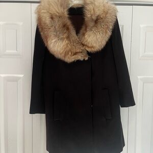Vintage Black Women's Wool-Blend Coat with Fur Collar